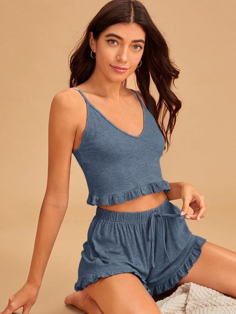 Summer Sale | Frill Hem Cami Top & Shorts PJ Set | ROMWE USA Velvet Lingerie, Crop Top Shorts, Top With Shorts, Crop Cami Top, Short Pj Set, Cropped Cami, Cami Crop Top, Short Pajama Set, Shein Style