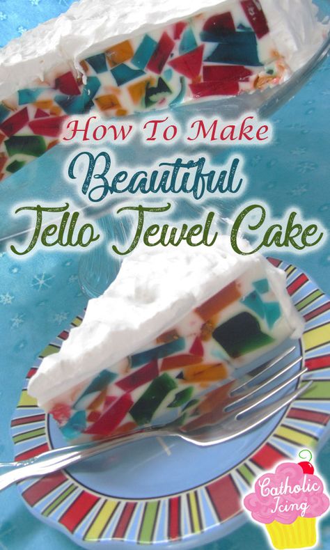 This old fashioned jell-o jewel cake (also known as broken glass cake, or stained glass cake)  is really fun, colorful, and easy to make! Find the full recipe and directions to make your own here #cakerecipe #jello #jellocake #recipesforkids Broken Glass Cake, Easter Jello, Broken Glass Jello, Glass Jello, Jewel Cake, Liturgical Living, Crisco Recipes, Jello Cake, Whipped Frosting