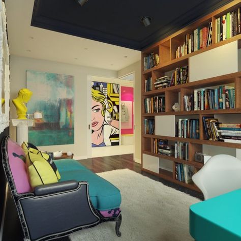 I like how the mixed all the colours together so well *Colorful Apartment Boosting An Unconventional Mix Of Styles* Pop Art Design Interior, Pop Art Decor, Stylish Bedroom Design, Colorful Apartment, Interior Design Per La Casa, Apartment Decoration, Modern Pop Art, Roy Lichtenstein, Pop Art Design