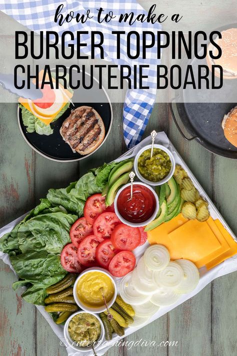 How To Make A Burger Toppings Charcuterie Board - Entertaining Diva Wedding Bbq Ideas, Shrimp And Chicken Recipes, Charcuterie Board Items, Charcuterie Board Summer, July 4th Pool Party, Burger Bar Party, Hamburger Toppings, Cookout Dishes, Burger Board