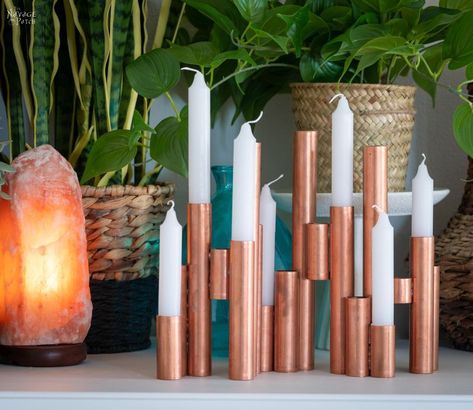 Copper Diy Crafts, Taper Candle Holders Diy, Candle Stick Holders Diy, Copper Pipe Ideas, Copper Pipe Projects, Cool Attic Rooms, Candle Stick Decor Ideas, Diy Candleholder, Diy Candlesticks