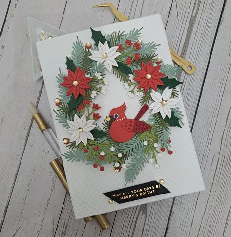 Xmas Flowers, Cardinal Wreath, Week Challenge, Christmas Challenge, Spellbinders Cards, Christmas Labels, Christmas Bird, Bird Cards, Heartfelt Creations