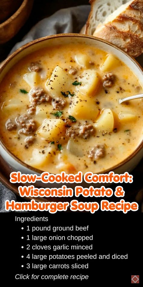 Creamy, hearty, and perfect for chilly days—this crockpot potato and hamburger soup is a Wisconsin classic! Simple to make and incredibly comforting, it’s ideal for family dinners or gatherings. Save this pin for your next cozy soup recipe! Crockpot Soup And Chili Recipes, Soup Small Batch, Hamburger Crockpot Soup, Beef Meatball Soup Recipes, Crockpot Beef Soup Recipes, Hamburger Bean Soup, Beef And Potatoes Soup, Gluten Free Dinner For A Crowd, Crockpot Winter Soup Recipes