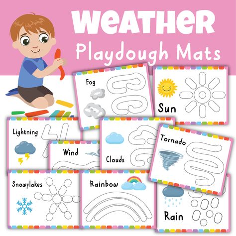 Weather Playdough Mats Weather Playdough Mats Free Printables, Weather Playdough Mats, Weather Playdough, Preschool Playdough Mats, Playdough Mats Printable, Weather Preschool, Preschool Playdough, Rainbow Playdough, Play Doh Mats