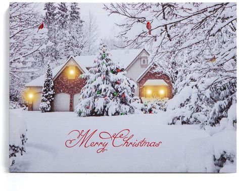 Cardinal Tree, Snowy House, Small Led Lights, Battery Operated Led Lights, Christmas Atmosphere, Snowy Winter, Lighted Canvas, Christmas Tree Farm, Fir Wood