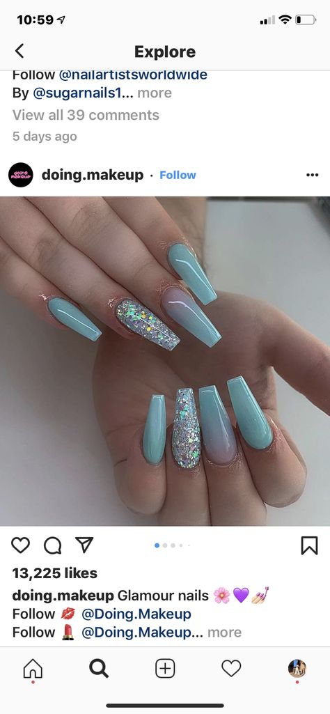 Teal And Glitter Nails, Teal Coffin Acrylic Nails, Teal Glitter Nails Acrylic, Tiffany Blue Nails Design Ideas, Tiffany Blue Acrylic Nails, Teal Nails With Rhinestones, Teal Birthday Nails, Aquamarine Nails Acrylic, Teal Winter Nails