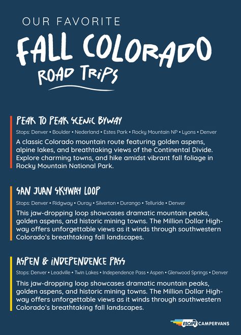 Caption: "Ready to witness Colorado’s breathtaking fall colors? 🍁 Lace up your boots and hit the trails with our guide to the best hikes for stunning fall foliage! From golden aspens to crisp mountain air, these hikes will make your autumn road trip unforgettable. 🍂 Start exploring today! 

#Colorado #Fall #Hiking #FallFoliage #RoadTrip #VanLife #Nature" Autumn Road Trip, Colorado Road Trip, Road Trip To Colorado, Camping For Beginners, Colorado Fall, Fall Road Trip, Winter Road, Festival Camping, Menu Book