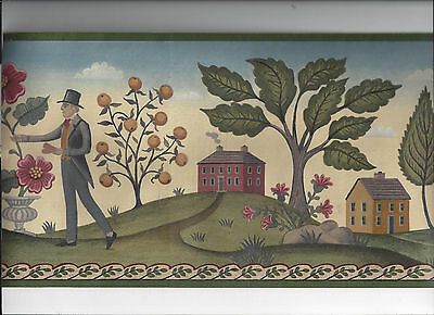 Primitive Wallpaper, Folk Art Wallpaper, Primitive Tree, Colonial Art, Wallpaper Borders, Vintage Folk Art, Ladies Gents, Live Oak, Primitive Folk Art