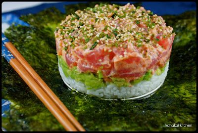 Kahakai Kitchen: Spicy Ahi Tuna & Avocado Tower: "Reconstructed" Sushi for Food 'n Flix: Jiro Dreams of Sushi Tuna Tower Recipe, Spicy Ahi Tuna, Tuna Tower, Spicy Tuna Salad, Jiro Dreams Of Sushi, 400 Calorie Meals, Tuna Sushi, Sushi Cake, Tuna Avocado