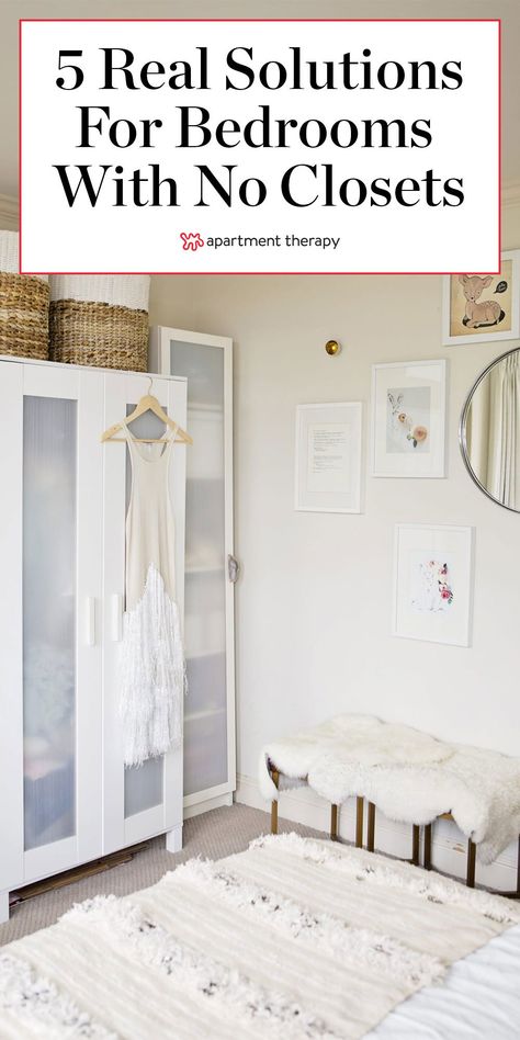 Take inspiration from these five real-life apartments, whose residents found smart ways to store everything with no closet in sight. #storageideas #closetideas #closetstorage #clothesstorage #rentershacks #rentalbedroom #rentaldecor #bedroomhacks #bedroomstorage #storagetips Closets Without Doors Ideas, Small Space Clothing Storage, Closet Alternatives, Small Closet Room, Small Bedroom Wardrobe, Bedroom Wardrobe Ideas, Make A Closet, Closet Small Bedroom, Creative Closets