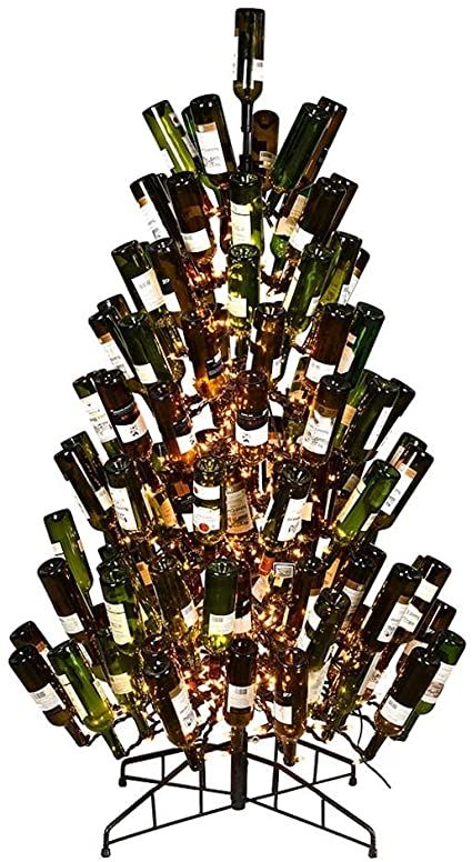 Wine Bottle Tree, Wine Bottle Christmas Tree, Black Wine Bottle, Bottle Christmas Tree, Wine Bottle Christmas, Wine Bottle Trees, Wine Tree, Miniature Lights, Bottle Trees