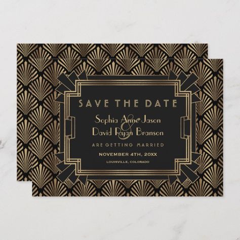 Glam Roaring 20's Great Gatsby Save The Date Great#Save#Gatsby#Glam Gatsby Glam, Gold Save The Dates, 1920s Wedding, Roaring 20's, Save The Date Card, Roaring 20s, Art Deco Wedding, Great Gatsby, Wedding Deco