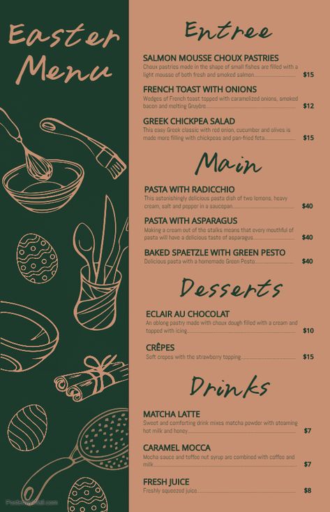 Black and Brown Easter entree menu design template Black Menu Design, French Menu Design, Dessert Menu Design, Menu Book Design, Digital Menu Design, Menu Design Ideas Templates, Modern Menu Design, Menus Design, Menu Design Restaurant