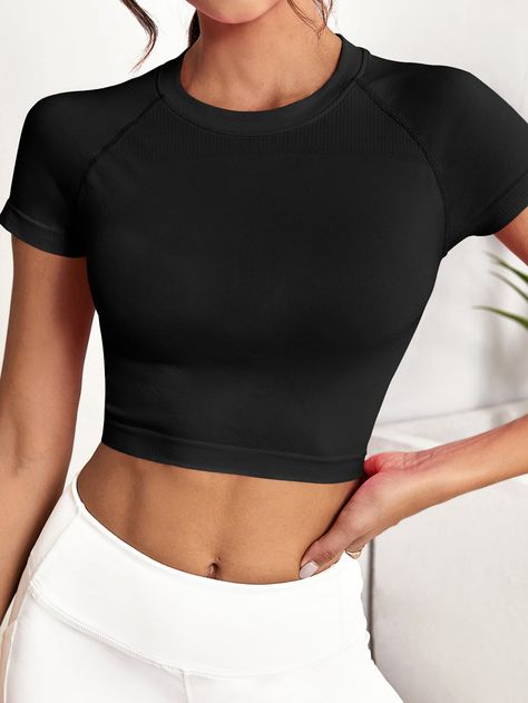 Black  Collar Short Sleeve Fabric Plain  Embellished High Stretch  Women Activewear Womens Yoga Clothes, Top Manga, Basic Yoga, Sports Tee, Gym Tops, Black Crop Top, Compression Shirt, Women Sports, Sports Tees