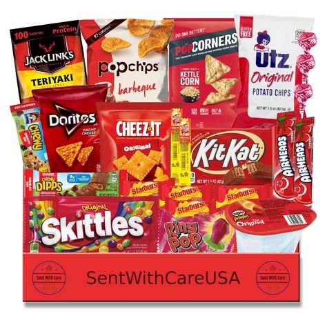 ❤️ Red Themed Gift Box Surprise someone you love with our clever color themed snack boxes. This snack box includes a classic mix of candy, chips & more. A great gift box for friends, birthday gifts for family, long distance friends, or anyone stuck at home during quarantine. Show them you care and put a smile on their face! Standard Package contents include: 🔴 DumDums Lollipop (x3) 🔴 Starburst (x4) 🔴 Airheads Cherry (x2) 🔴 Skittles 🔴 KitKat 🔴 Chewy Granola Bar 🔴 Chewy Dipped Chocolate Bar Red Color Theme Party Snacks, Red Gift Basket, Red Snacks, Colorful Picnic, Fresh Snacks, Snack Boxes, Chewy Granola Bars, Mexican Snacks, Corn Snacks