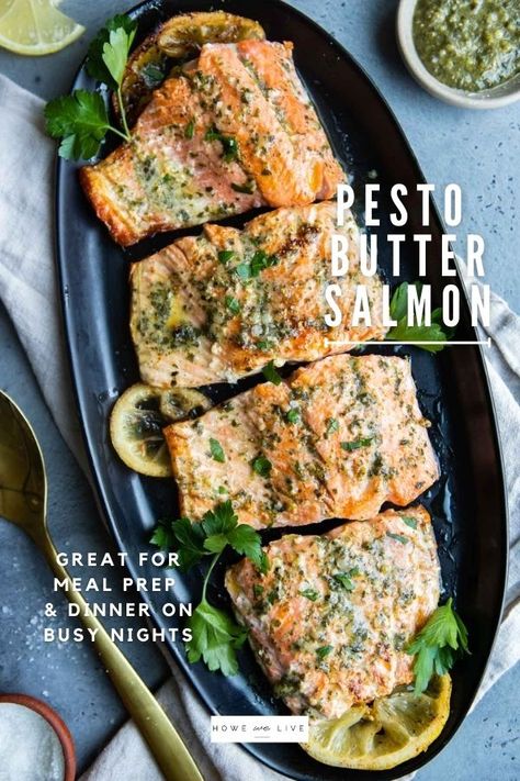 Salmon Recipes With Pesto, Butter Pesto Salmon, Salmon And Pesto Recipes, Salmon Recipes Pesto, Pesto Salmon Recipes, Pesto Butter Salmon, Crockpot Seafood, Pesto Fish, Salmon With Pesto