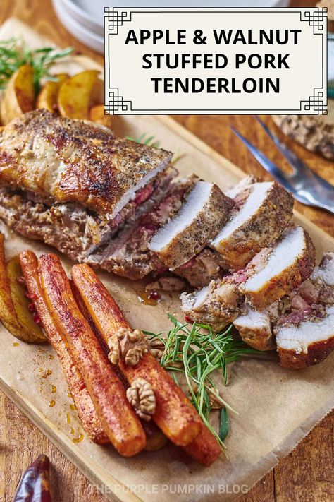 This apple and walnut stuffed pork tenderloin recipe is the perfect combination of savory and sweet. By butterflying and stuffing the pork with a flavorful mixture of apples, walnuts, fresh thyme, and breadcrumbs, this recipe transforms a simple pork tenderloin into a showstopping dish. Ideal for special dinners or family meals, this stuffed pork tenderloin delivers on flavor and presentation. Pair it with roasted vegetables or mashed potatoes. Visit The Purple Pumpkin Blog for the recipe. Stuffed Pork Tenderloin Recipes, Apple Stuffed Pork Tenderloin, September Dinner, Pork Tenderloin With Apples, Pork Kabobs, Sage Stuffing, Apple Pork Tenderloin, Slow Cooker Recipes Pork, Savory Recipe