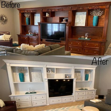 Used an airless paint sprayer to paint wall unit. Used a very light gray that almost looks white next to our griege wall color Wall Unit Refurbished, Griege Wall, Old Entertainment Centers, Airless Paint Sprayer, Upcycle Furniture, Furniture Upcycling, Painted Wood Walls, Paint Wall, Tv Wall Unit