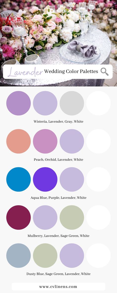 Winter Wedding Lavender, Lilac Color Palette Wedding, Lavender Color Combo, Lavender Reception Decorations, Lavender Wedding Theme Color Schemes, Lavender Color Palette Wedding, Lilac Wedding Color Schemes, Lavender Wedding Color Palette, Wedding Pallet Ideas Colour Schemes Spring