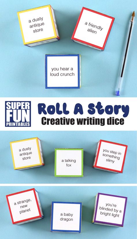 Roll a story creative writing dice for kids. Print out the dice and use them as a creative writing prompt to come up with a scene, characters and a sense to include in narrative writing. You can also use roll a story dice to play a fun creative writing game! #printables #creativewriting #narrativewriting #kidsactivities #rollastory #3dcubeprintable #thecrafttrain #superfunprintables Creative Writing Workshop Ideas, Fun Narrative Writing Activities, Creative Writing For Preschoolers, Story Writing Activities, Creative Narrative Writing, Writing Activities Elementary, Writing Kids Activities, Creative Writing Games Middle School, Fun Writing Games