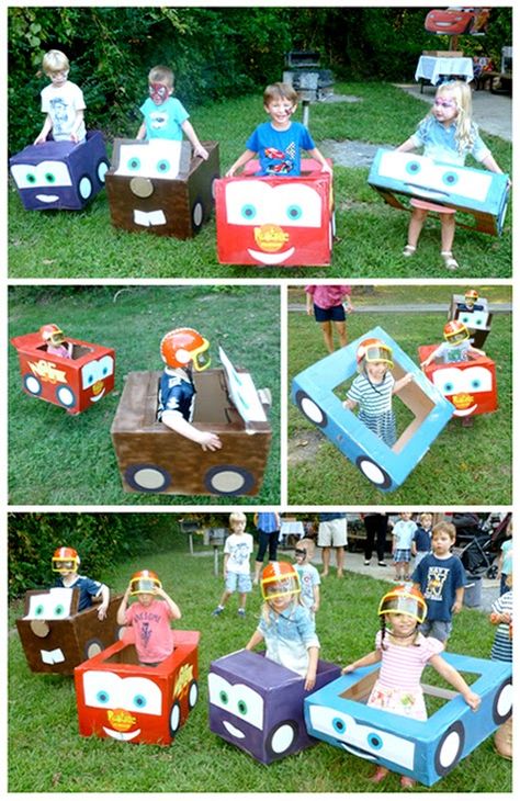 Disney Cars themed birthday party- cardboard box racing! Piñata Cars, Cardboard Cars, Halloween Costume Props, Disney Cars Party, 4th Birthday Party, Disney Cars Birthday, Cars Birthday Party Disney, Car Themed Parties, Car Birthday Theme