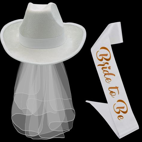 Cowgirl Hat With Veil, Bride Cowgirl Hat, Bride Sash, Inflatable Party Decorations, White Cowboy Hat, Hat With Veil, Bachelorette Sash, Modern Cowboy, Nashville Bachelorette Party