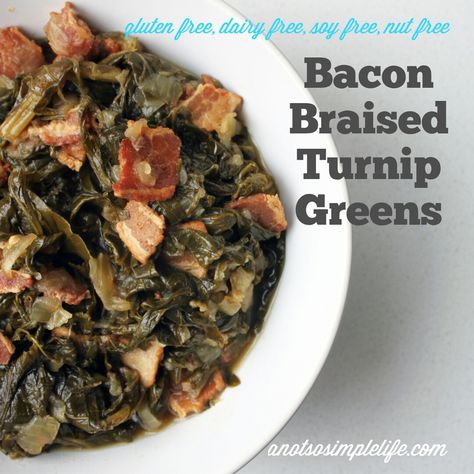 Turnip Greens Recipe Southern With Bacon, Canned Turnip Greens Recipes, Frozen Turnip Greens Recipe, Turnip Greens Recipe, Dairy Free Soy Free, Cast Iron Skillets, Gf Flour, Southern Recipes Soul Food, Nut Free Recipes