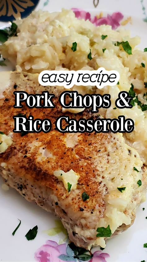 Looking for a cozy, comforting dinner idea? Try this Baked Pork Chop and Rice Casserole! Juicy, tender pork chops are baked to perfection with a creamy rice mixture. This one pot meal takes just a few simple ingredients to prepare and it out of the oven in about an hour. That makes this a family favorite that is perfect for those busy weeknights. No Peek Pork Chops And Rice Oven, Rice And Pork Chops Recipes, Oven Baked Pork Chop Recipes Cream Of Mushrooms, Pork Chops And Minute Rice Casserole, Pork Casseroles Dinners, No Peek Pork Chops And Rice, Quick And Easy Pork Chop Recipes, Easy Boneless Pork Chop Recipes, No Peek Pork Chops