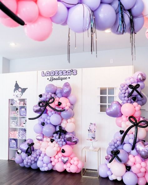 Hello Kitty dreams and Kuromi schemes—together, they're unstoppable! 💖😈 #SanrioFriends #BestOfBoth 🛍️ https://i.mtr.cool/iysapoeotn for DIY kits, balloon artist education and more. 🎈 Balloon colors are tagged and available for purchase online or local. 📍 3855 Walnut Blvd in Brentwood Tue.-Fri. 11am-4pm | Sat. 9am-12pm Kuromi And My Melody Party Ideas, Kuromi Bday Party, Kuromi Decorations Birthday, Kuromi Themed Birthday Party, Kuromi Birthday Party Decorations, Kuromi Party Ideas, Balon Garland, Kuromi Balloon, Kuromi Birthday Party