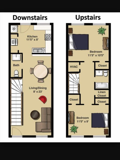 Small Apartment Floor Plans, Small Apartment Layout, 20x40 House Plans, Small Apartment Building, Narrow House Designs, Two Story House Design, Narrow Lot House Plans, Small House Layout, Tiny House Layout