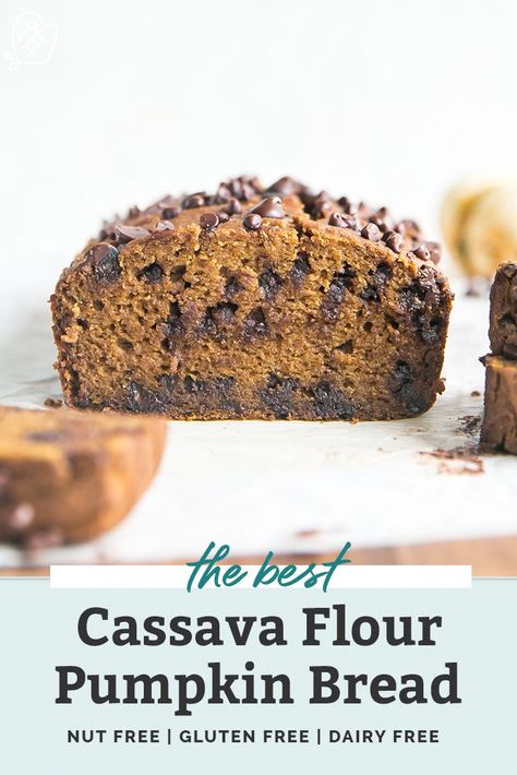 This healthy Cassava Flour Pumpkin Bread recipe is AH-mazing. It's super moist and easy to make! No one knows it's gluten free, nut-free and grain free. It's the perfect paleo friendly pumpkin bread. Great with or without chocolate chips. Cassava Pumpkin, Cassava Flour Bread, Pumpkin Bread Gluten Free, Coconut Flour Pumpkin Bread, Gluten Free Pumpkin Bread Recipe, Pumpkin Bread Recipe Healthy, Cassava Flour Recipes, Fit Mitten Kitchen, Healthy Pumpkin Bread