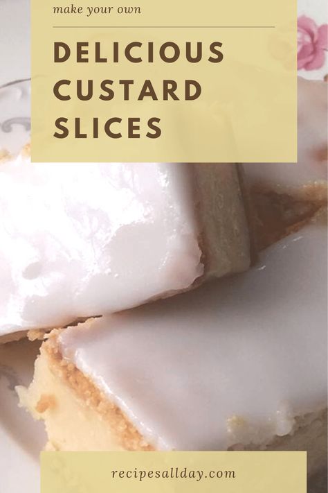 This is an all-time favorite. Both the kids and adults love these custard slices. This is a very easy to follow recipe for custard slices. Make your own and spoil your friends and family. #custard #slices #dessert #yummy Custard Slice Recipe, Recipe For Custard, Custard Slices, Easy Healthy Cake, Vanilla Slice Recipe, Pudding Desserts Layered, Custard Slice, Cream Crackers, Slice Recipe