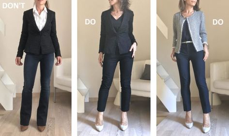 How to lok slimmer when wearing a blazer: DON’Ts Low Cut Blouses, Slim Blazer, Simple Scarf, Over 60 Fashion, 60 Fashion, Checked Blazer, Classic Blazer, Long Blazer, Tailored Blazer