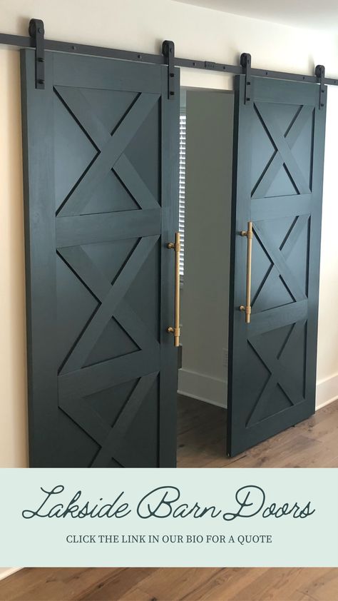 At Lakeside Barn Doors, we design and build custom barn doors that reflect the style and vibe of your home. Our doors are tough enough to stand up to daily use yet sophisticated enough to compliment your home. Let's get started on the barn door of your dreams. Call (678)-994-9497 today! Barn Door In Living Room, Barn Door On Closet, Basement Barn Door, Large Barn Doors In The House, Barn Doors Office, Office Barn Door Ideas, Painted Barn Doors, Black Barn Door, Bedroom Double Doors