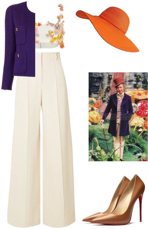 Willy Wonka Dress To Impress, Willy Wonka Outfit Ideas, Willy Wonka Inspired Outfit, Willy Wonka Outfit, Wonka Outfit, Cream Pants, Willy Wonka, Brown Heels, Chocolate Factory