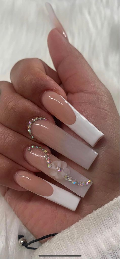 ombré & french tip white nude nails inspo | acrylic nail ideas Simple Long Nail Designs French Tips, French Tips Nails With Rhinestones, Acrylic Nail White Designs, Nail Ideas White Ombre, Acrylic Nail Designs French Tip Ideas Long, Bday Nails Ideas French Tip, White Bday Nails Ideas, White French Tip Designs Acrylic, French White Nails Design