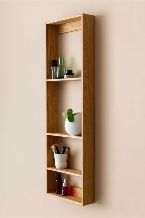 ECO FRIENDLY   Our Scandinavian style Foursquare  shelving unit in smoked oak provides an aesthetic storing of your preferred objects, the wall-mounted rack of shelves is a slim and elegant addition to your minimalistic and modern style home. The squares are easily mounted and with a narrow shelf depth of no more than 85 mm they do not take up a lot of space. Eco friendly FSC certified oak. Made in Denmark. Square Shelf, Indoor Ideas, Narrow Shelves, Tv Unit Furniture, Modern Small House Design, Colorful Storage, Homburg, Regal Design, Oak Shelves