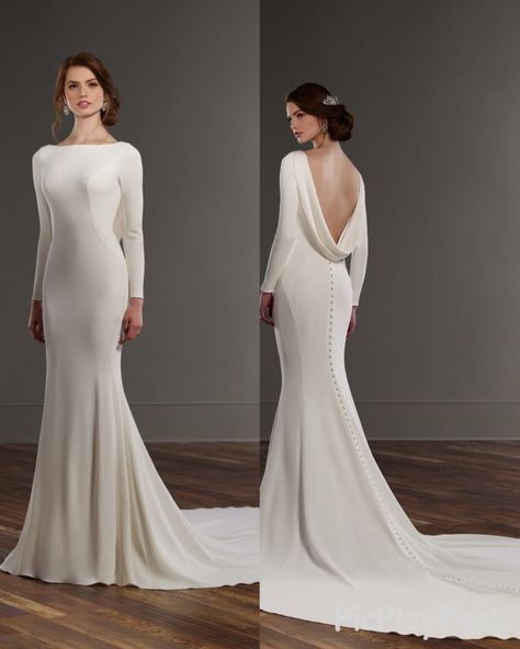 Long sleeve crepe wedding dress,  cowl draped back Cowl Back Wedding Dress Long Sleeve, Long Sleeve Cowl Neck Wedding Dress, Main Of Honor Dress, Long Sleeve Boat Neck Wedding Dress, Wedding Dress Cowl Back, Cowl Neck Wedding Dress With Sleeves, Simple Plus Size Wedding Dress, Long Sleeve Crepe Wedding Dress, Draped Back Wedding Dress