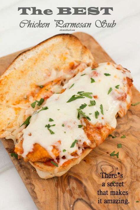 The best chicken parmesan subs ever! You have to try them! Chicken Parmesan Hoagie, Sandwiches On Hoagie Rolls, Chicken Parm Hoagie, Garlic Bread Chicken Parm Sandwich, Chicken Parmesan Subs, Subs Recipes Sandwiches, Chicken Parmigiana Sandwich, Oh Sweet Basil Recipes, Chicken Parm Sandwich Recipe