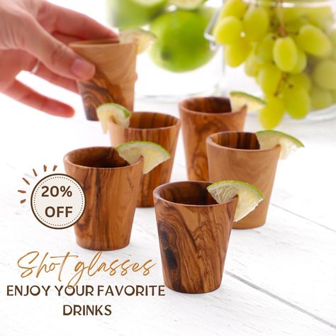 Enjoy your favorite drinks in our durable and elegant shot glasses handmade from premium Mediterranean olive wood. Get them now with 20% off from ArtisRaw's website link in our bio. #Artisraw #olivewwod #shotglasses Whiskey Smoker, Christmas Shots, Whittling, Website Link, Shot Glasses, Olive Wood, Moscow Mule Mugs, Favorite Drinks, Handmade Wooden