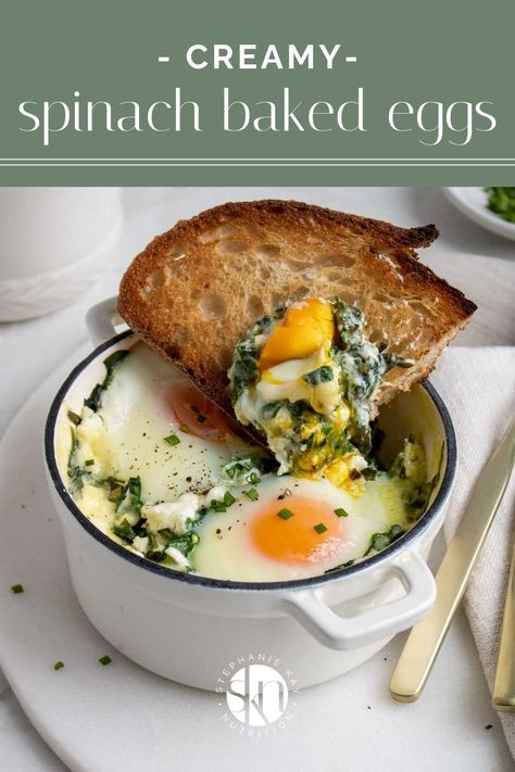 These spinach baked eggs are creamy and full of flavor while being quick and easy to make! Enjoy them for breakfast, brunch, lunch, or dinner. Unique Egg Recipes, Eggs And Spinach Recipes, Eggs With Spinach Breakfast, Savory Breakfast Ideas Healthy, Baked Eggs Spinach, Spinach Ideas, Spinach Feta Egg Bake, Spinach And Feta Egg Casserole, Baked Eggs With Spinach And Mushrooms