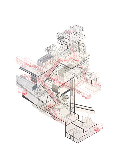 Vertical Circulation Diagram, Circulation Diagram Architecture, Flow Diagram Design, Architecture Art Nouveau, Flow Diagram, Axonometric Drawing, Isometric Drawing, Architecture Collage, Concept Diagram