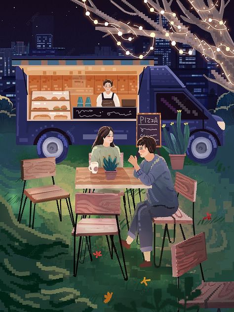 Couple In Car Illustration, Couple Food Date, Holiday Poster Design, Couple In Car, Car At Night, Night Beautiful, Night Illustration, Holiday Poster, Poster Illustration