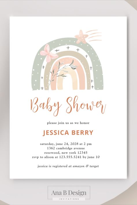 Boho Pastel Rainbow Baby Shower Invitation, Terracotta and Sage, Gender Neutral: These beautifully styled baby shower invitations feature gorgeous and trendy rainbow art in a pastel green and tan color palette. Easily personalize with your own information. Purchase as instant download or have invitations shipped directly to your home. Baby Shoer, Rainbow Baby Shower Theme, Rainbow Baby Shower Invitations, Pastel Baby Shower, Christening Ideas, Rainbow Baby Shower, Boho Baby Shower, Pink Rainbow, Gender Neutral Baby Shower