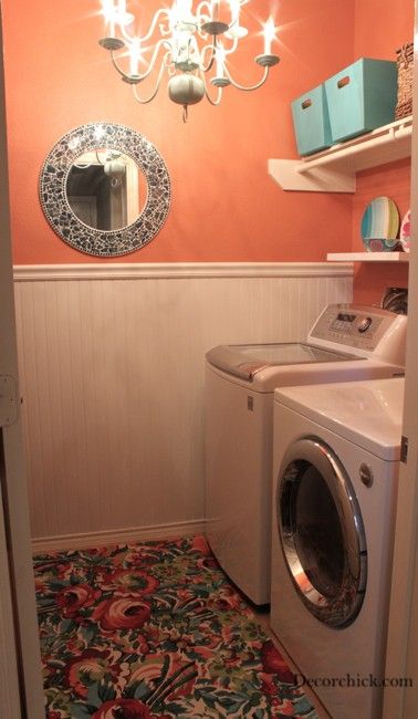 Such a cute laundry room! Love the use of color. Stylish Laundry Room, Laundry Space, Mud Rooms, Orange Paint, Small Laundry Room, Small Laundry, Laundry Mud Room, Room Color, Laundry Room Makeover