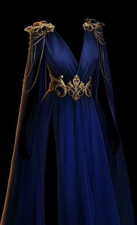 Dark Blue Fantasy Dress, Blue Fantasy Outfit, Gold And Blue Dress, Blue Fantasy Dress, Fantasy Dress Art, Celestial Gown, Court Aesthetic, Fashion Design Collection, Nature Dress