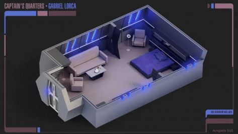 How to Create a Star Trek Bedroom in Your Apartment: lighting is key. star trek lorca bedroom | Rent.com Huge Bathtub, Captain's Quarters, Star Trek Theme, Captains Quarters, Star Fleet, Captain Picard, Star Trek Captains, Star Trek Show, Space Engineers