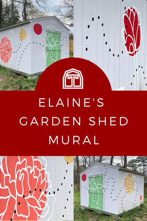 Design a beautiful backyard landscaping centerpiece with a DIY garden shed mural. This modern, free flowing floral art is the perfect backdrop for our customer's garden shed. With peonies, roses, tulips, and bright garden colors, this garden shed is a beautiful backyard addition. Design a beautiful garden shed that fits your style and adds bright color and modern style to your backyard. See how our customer designed this beautiful backyard shed and customized it to fit her landscaping style. Painting Shed Ideas, She Shed Makeover, Painted Shed, Tuff Shed, Shed Floor, Shed Makeover, Backyard Shed, Outdoor Sheds, Backyard Sheds