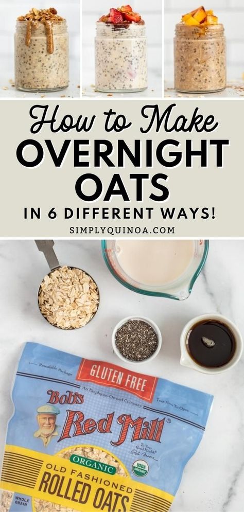 Learn how to make overnight oats in 6 different ways! If you don't know what overnight oats are, they're essentially oats that get soaked overnight with milk and some flavorings (if you want). So in other words, it's a no-cook method for making oatmeal. The oats absorb the liquid and get nice, thick, and fluffy, resulting in a really delicious, filling breakfast. Easy Overnight Oats Recipes, Making Oatmeal, Creative Breakfast Recipes, Soaked Oats, Easy Make Ahead Breakfast, Overnight Oats Recipe Easy, Healthy Overnight Oats, Oats Overnight, Overnight Oats Recipes