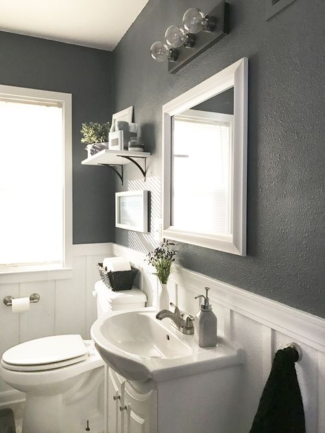 Check out this neutral gray bathroom with white board and batten. Love this One Room Challenge room makeover! It's amazing what you can do to transform a small bathroom. Tiny Bathroom Makeover, Sliding Shower Door, Half Bathroom, Budget Bathroom, Trendy Bathroom, Bad Design, Small Bathroom Design, Diy Remodel, Tiny Bathroom